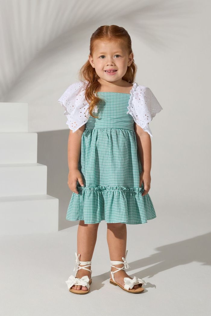 Vestido xadrez com babado de brodery