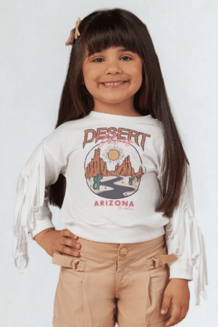 Blusão de moletinho estampado com franjas nas mangas