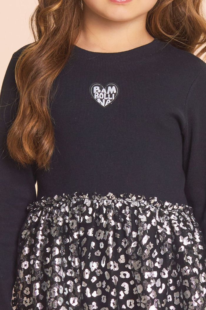 Vestido de ribana c/ tule foil manga longa