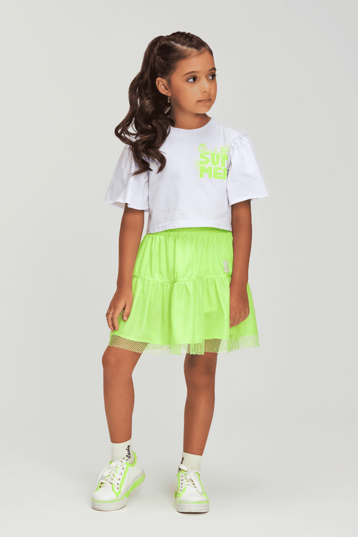 Conjunto blusa manga franzida e saia de tela