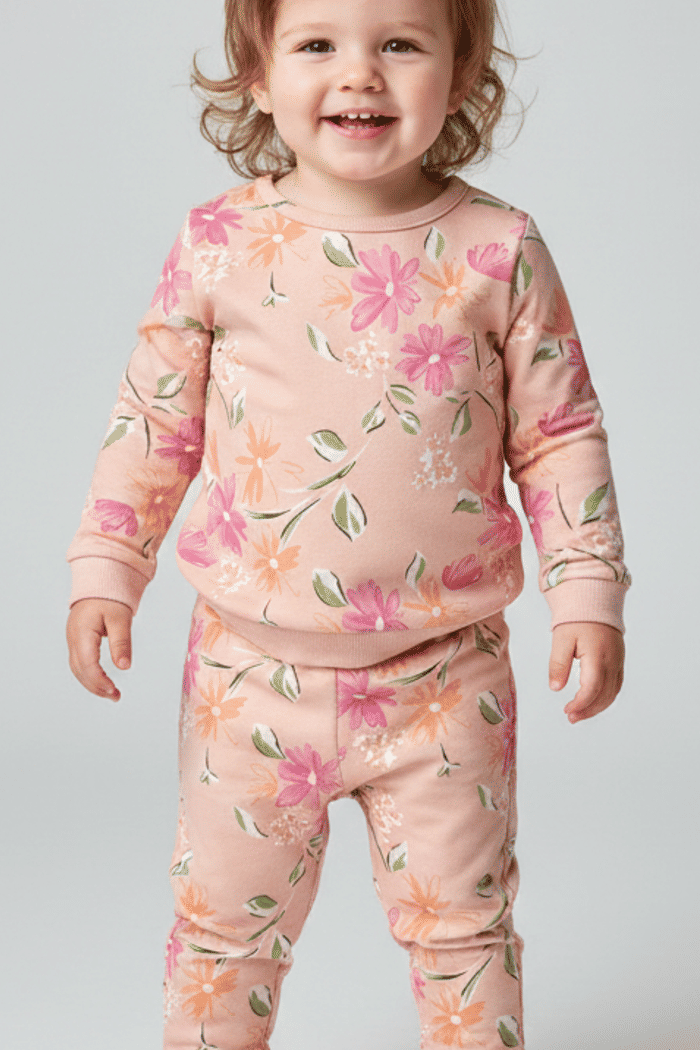 Conjunto blusa de moletom e calça com estampa de flores