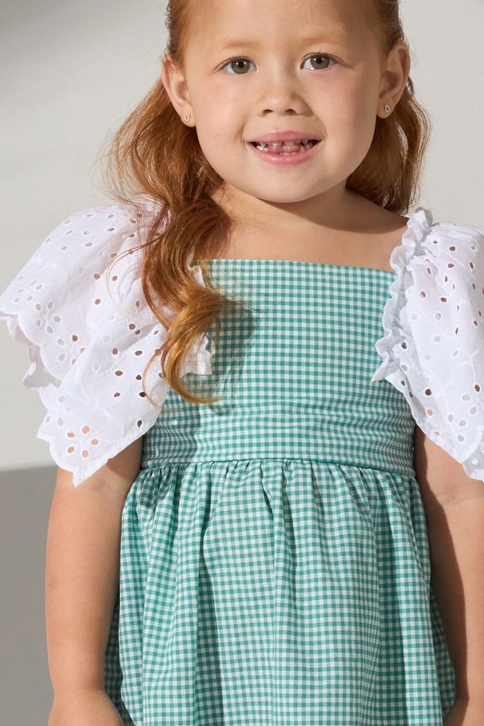 Vestido xadrez com babado de brodery