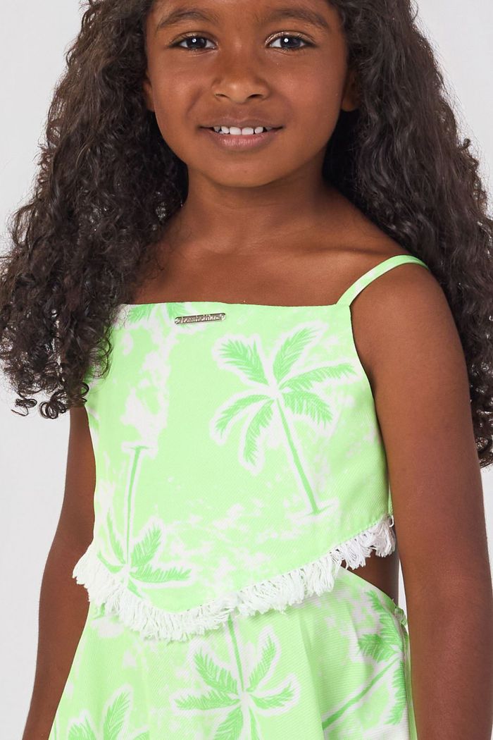 Vestido neon com estampa de coqueiros