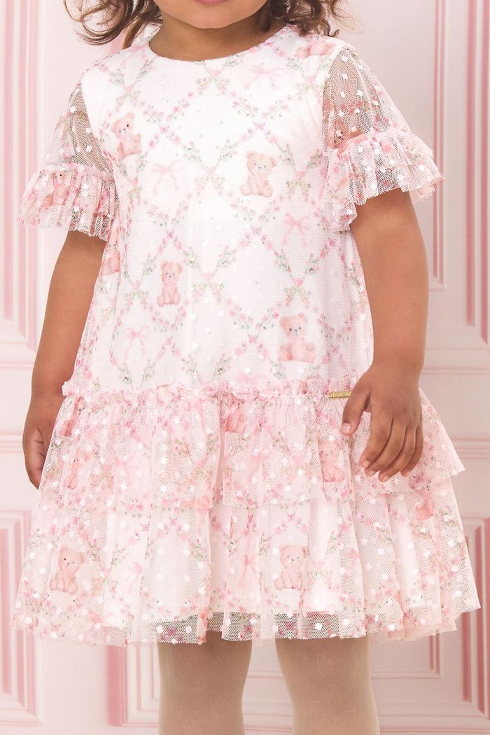 Vestido de tule poa com estampa de urso e laço