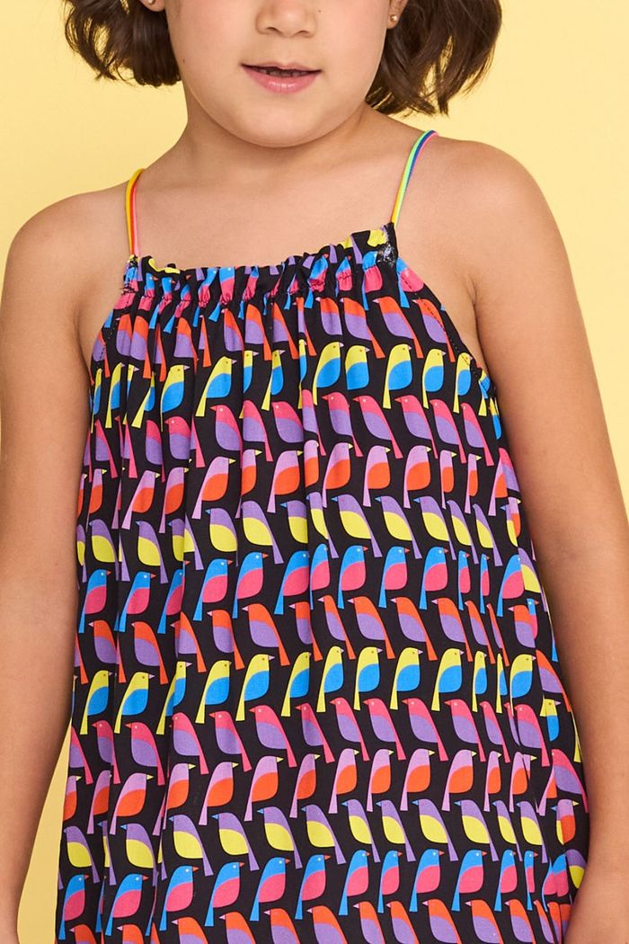 Vestido estampado com detalhe de cordão multicolorido