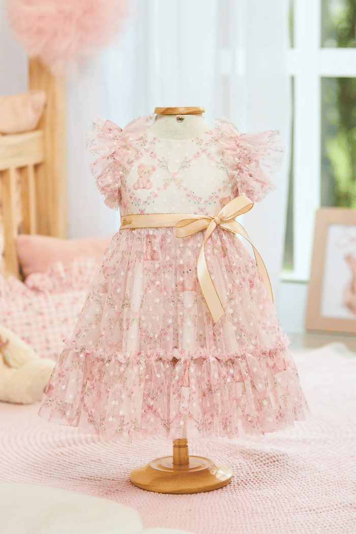 Vestido de tule estampado com laço