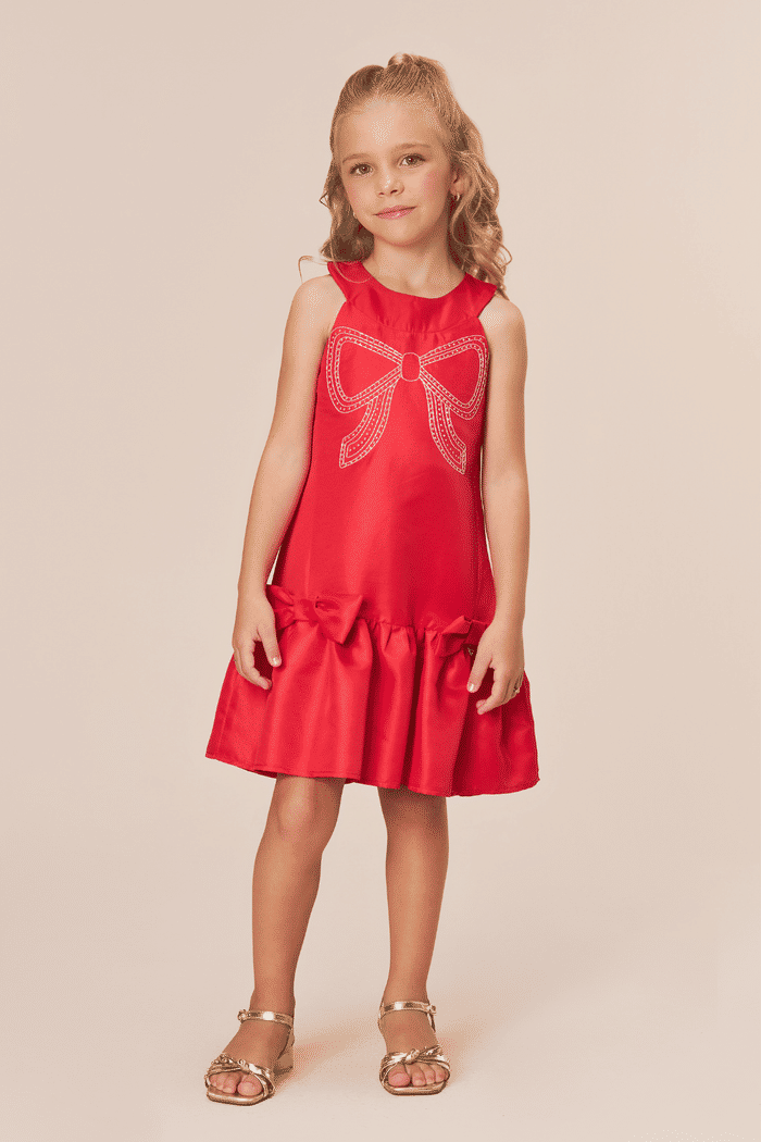 Vestido vermelho com laço bordado