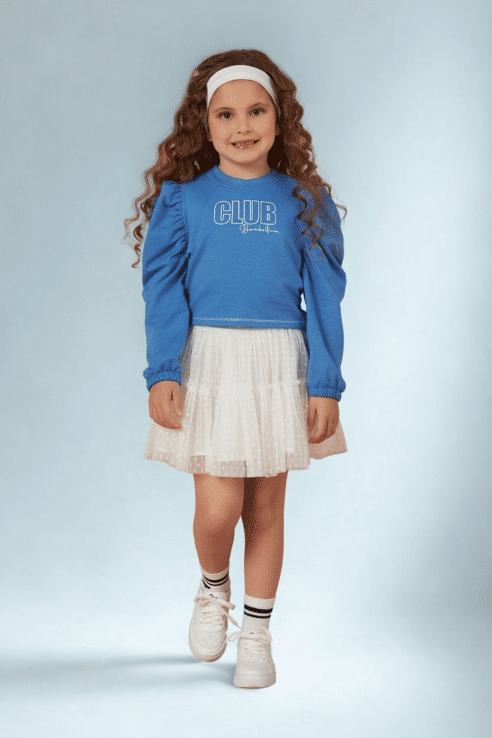 Blusa de moletom azul com estampa em silk na frente