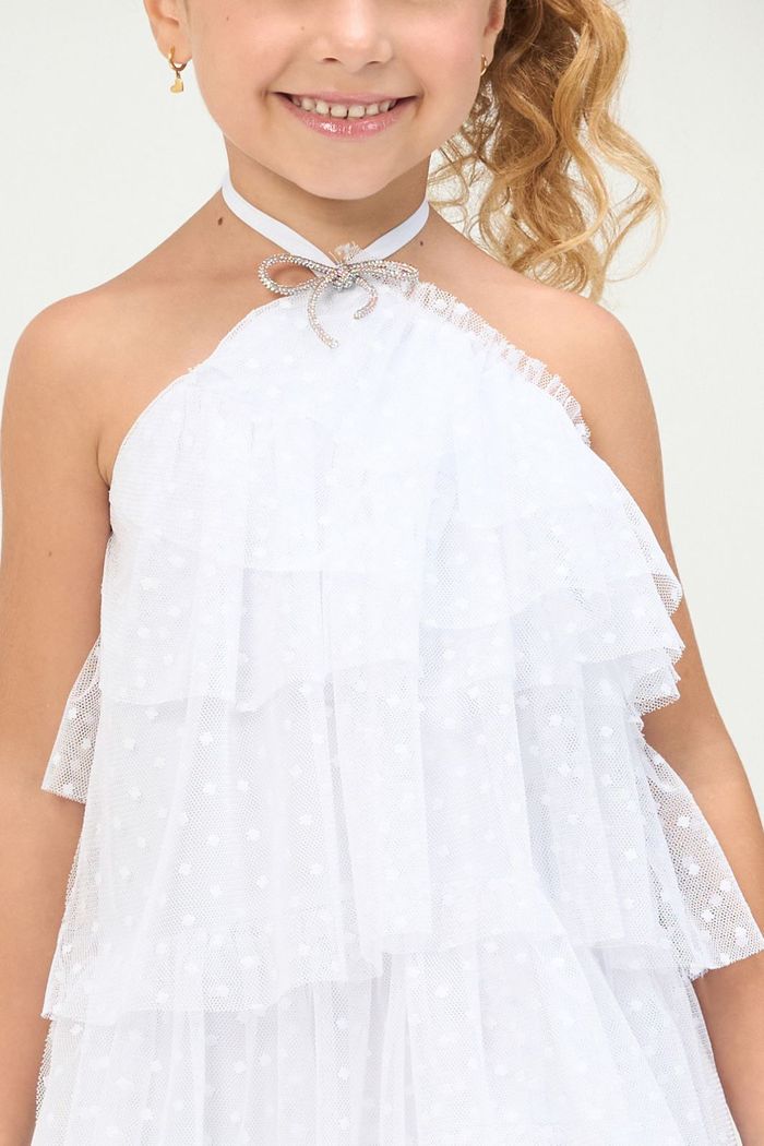 Vestido de babados com tule de poá