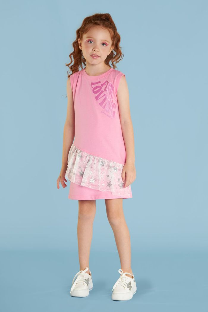 Vestido de moletinho detalhe babado de tule na frente