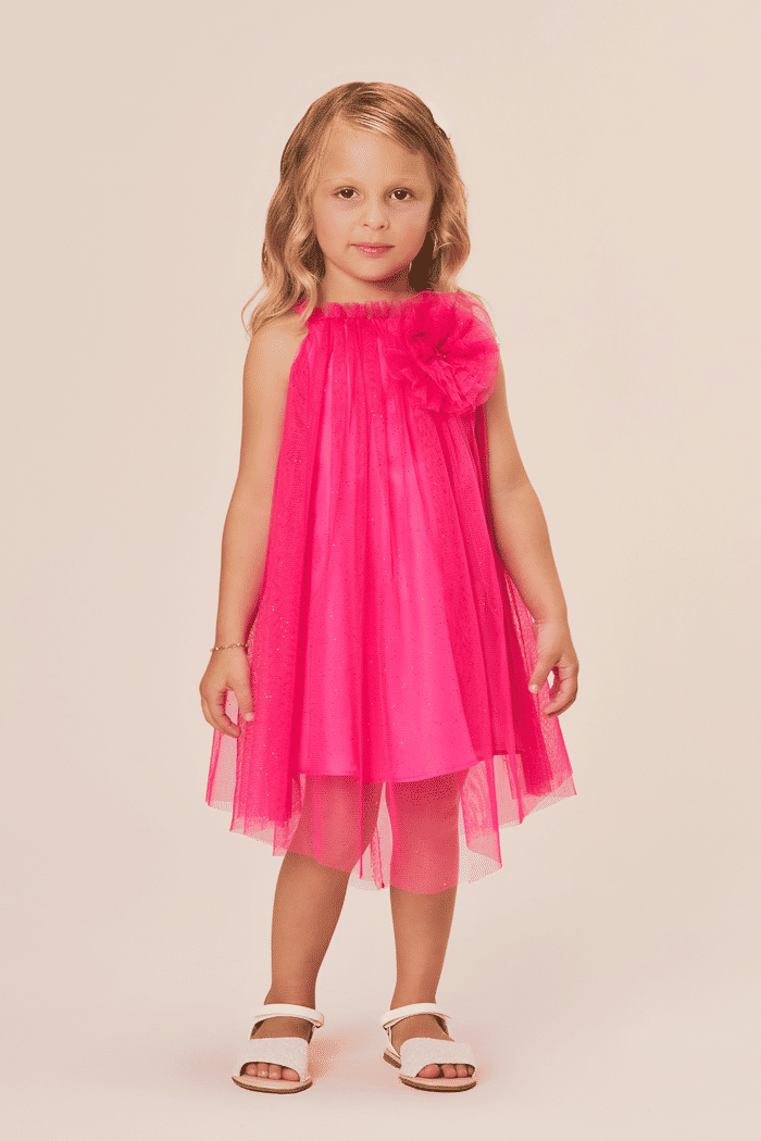 Vestido de tule com glitter e detalhe de flor