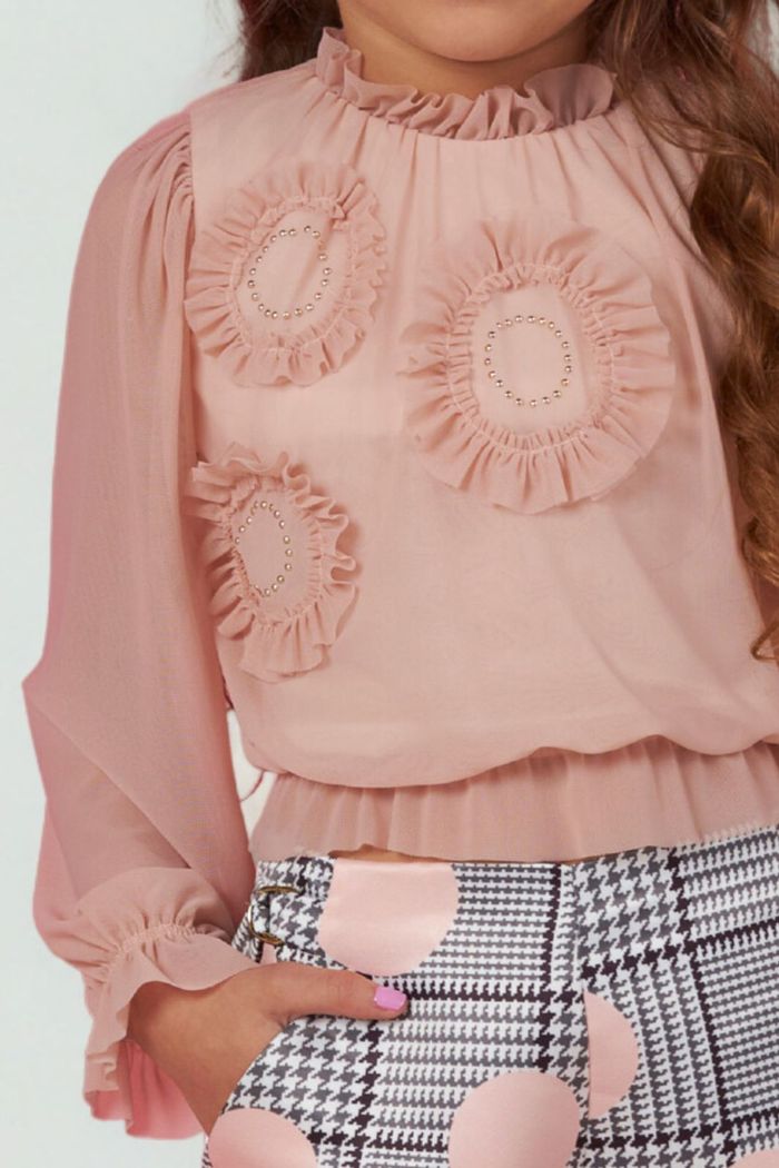 Conjunto blusa de tule e short estampado