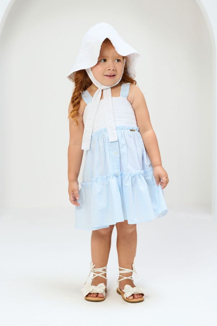 Vestido listrado com busto de renda