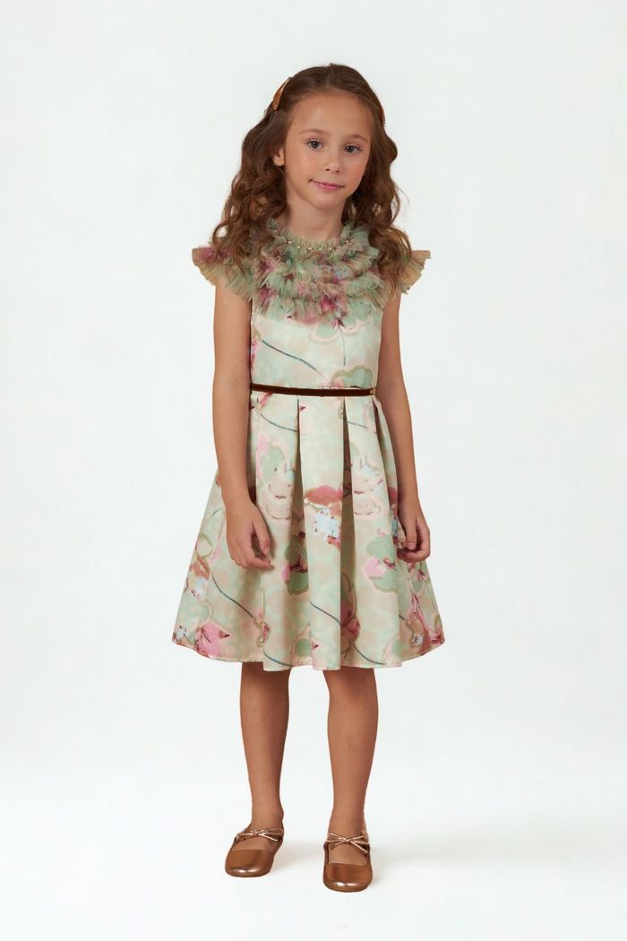 Vestido estampado e gola de tule com babados