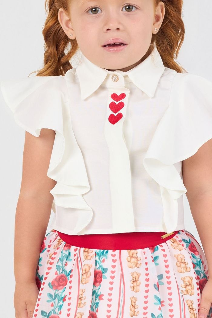 Conjunto camisa de tricoline e saia de chiffon estampada