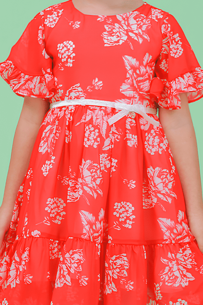 Vestido vermelho com flores brancas