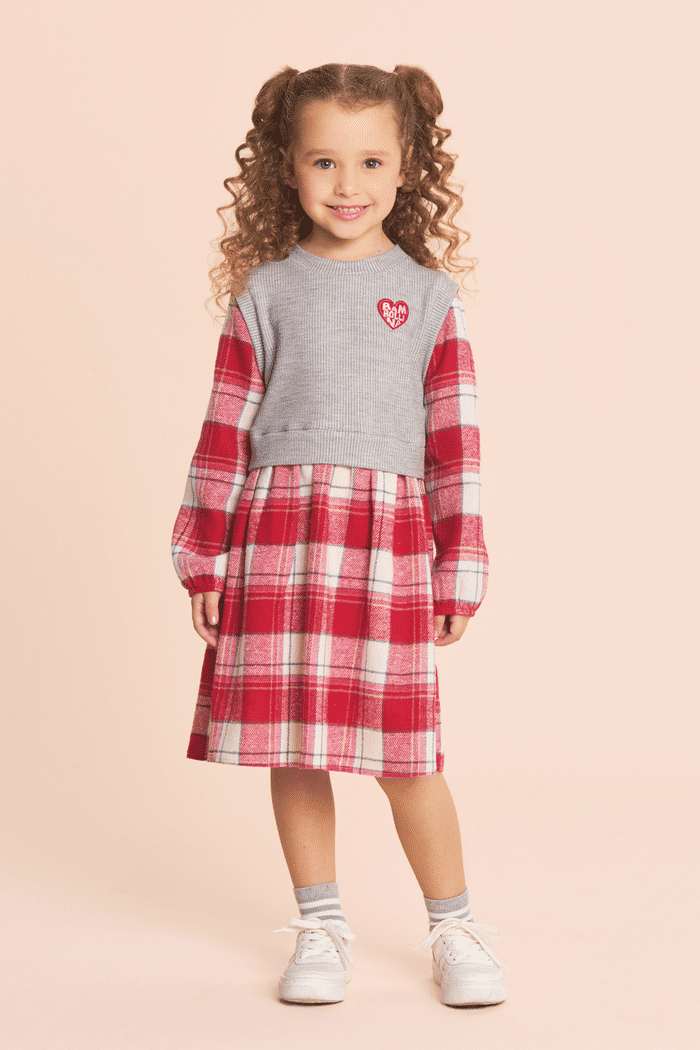 Vestido xadrez com colete de malha cozy