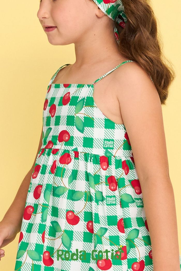 Vestido estampa xadrez e cerejas