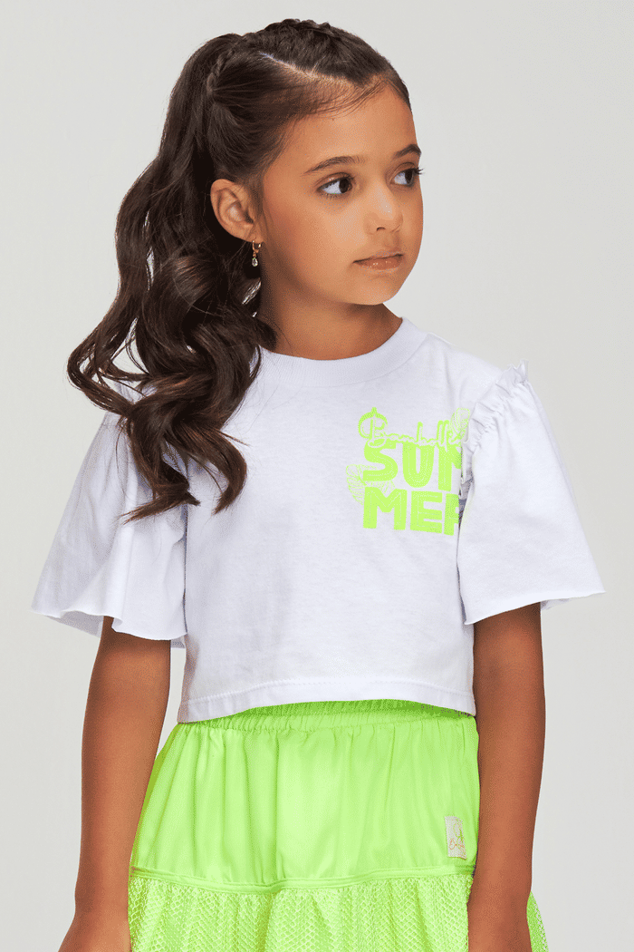 Conjunto blusa manga franzida e saia de tela