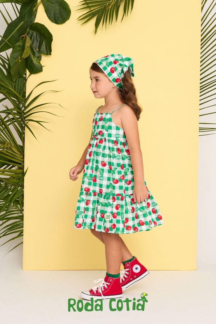 Vestido estampa xadrez e cerejas