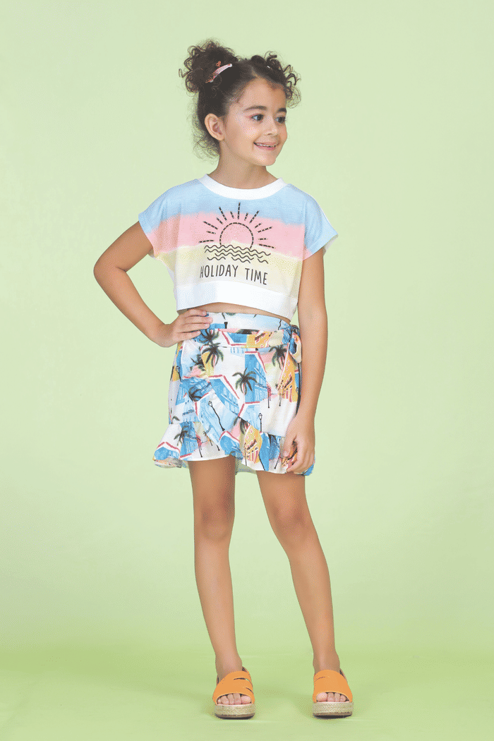 Conjunto estampado blusa morcego e saia envelope