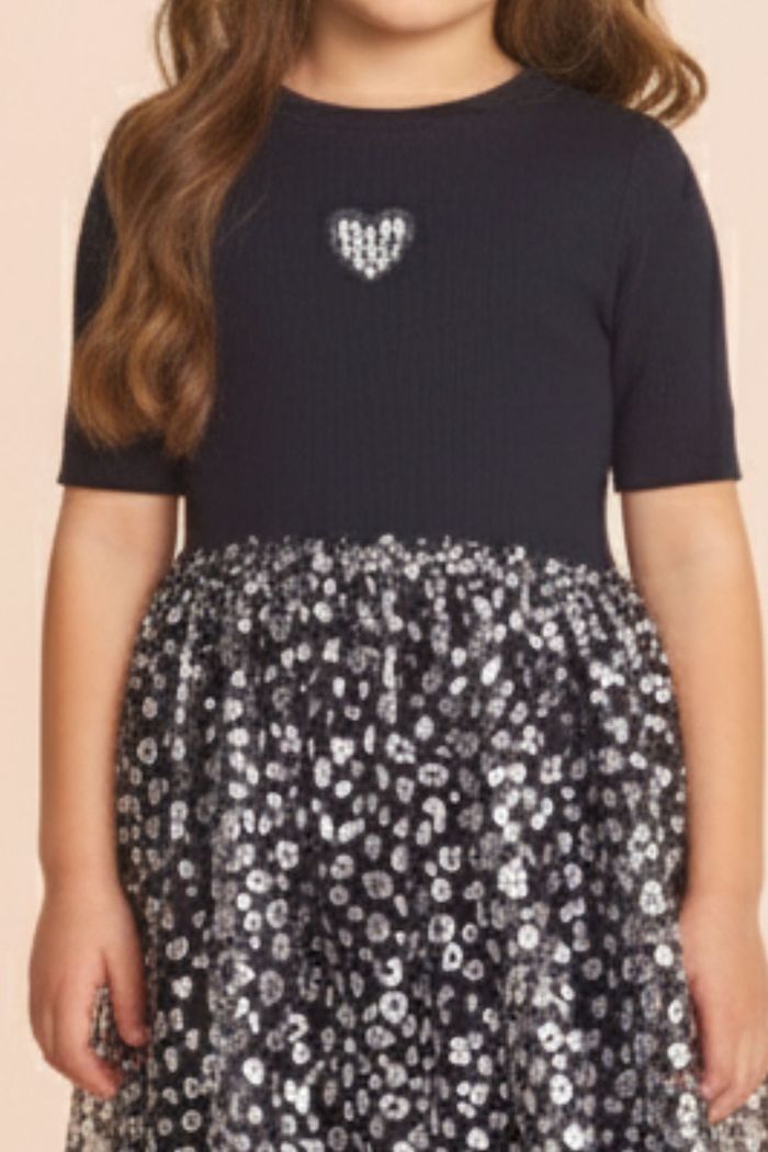 Vestido de ribana c/ tule foil manga curta