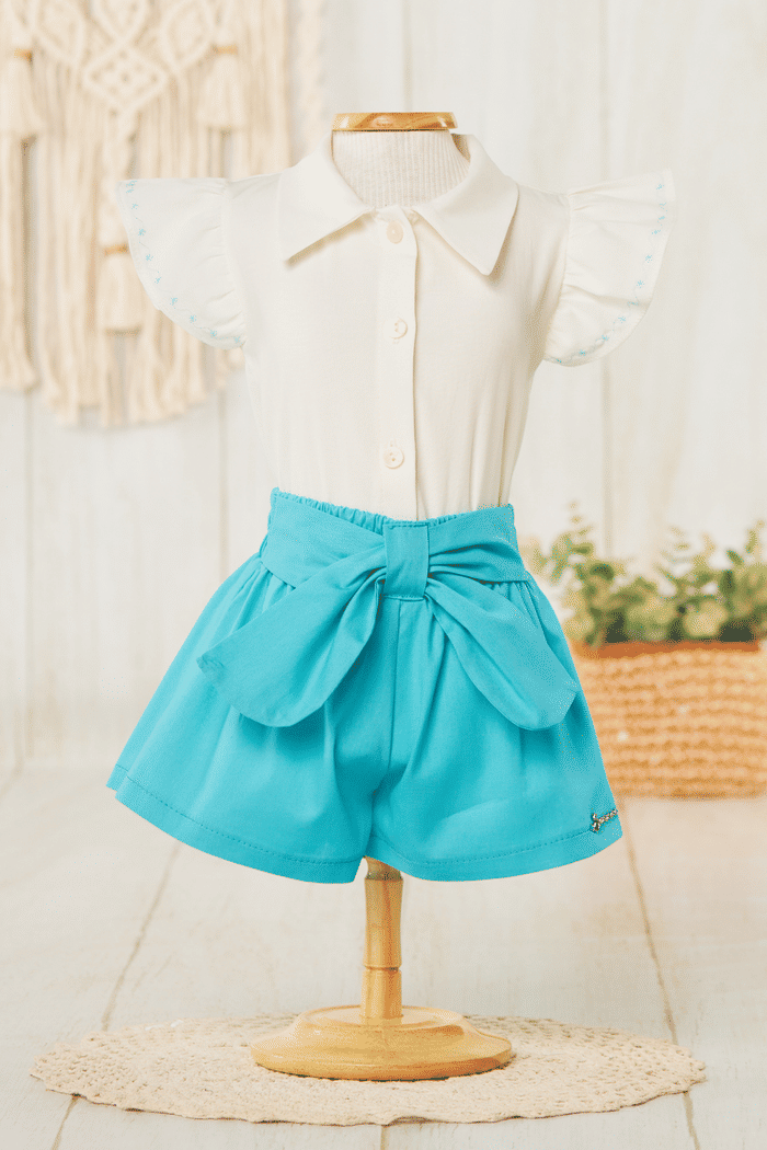 Conjunto body de tricoline e short com laço para amarração