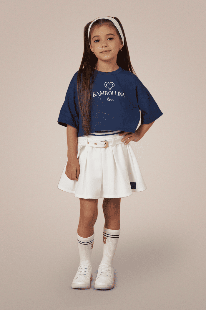 Conjunto colegial blusa de malha e saia de alfaiataria