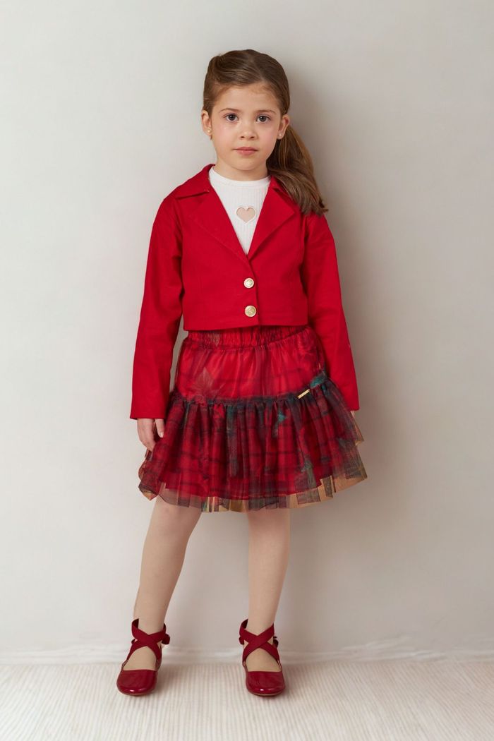 Conjunto com blazer de tricoline e saia de tule estampado