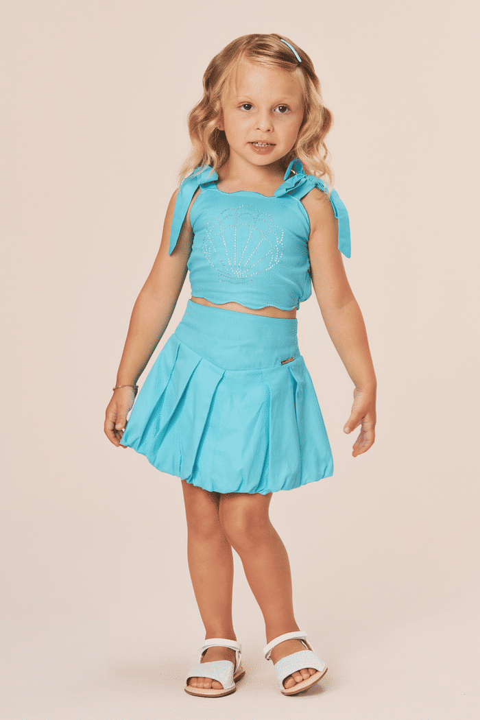 Conjunto top com aplicação de strass e saia balonê