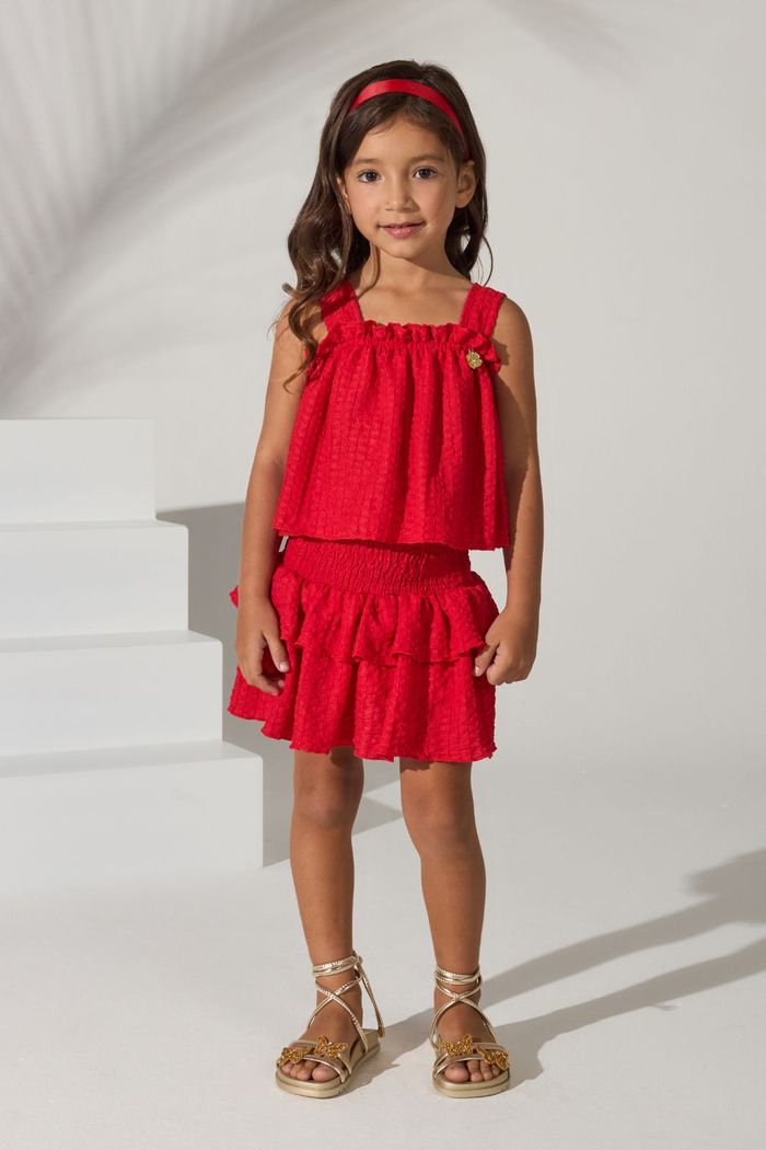 Conjunto blusa conf e saia de babados