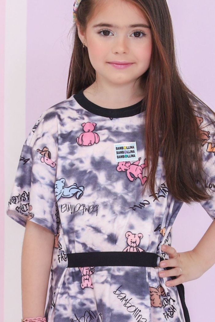 Vestido estampa marmorizada com ursos