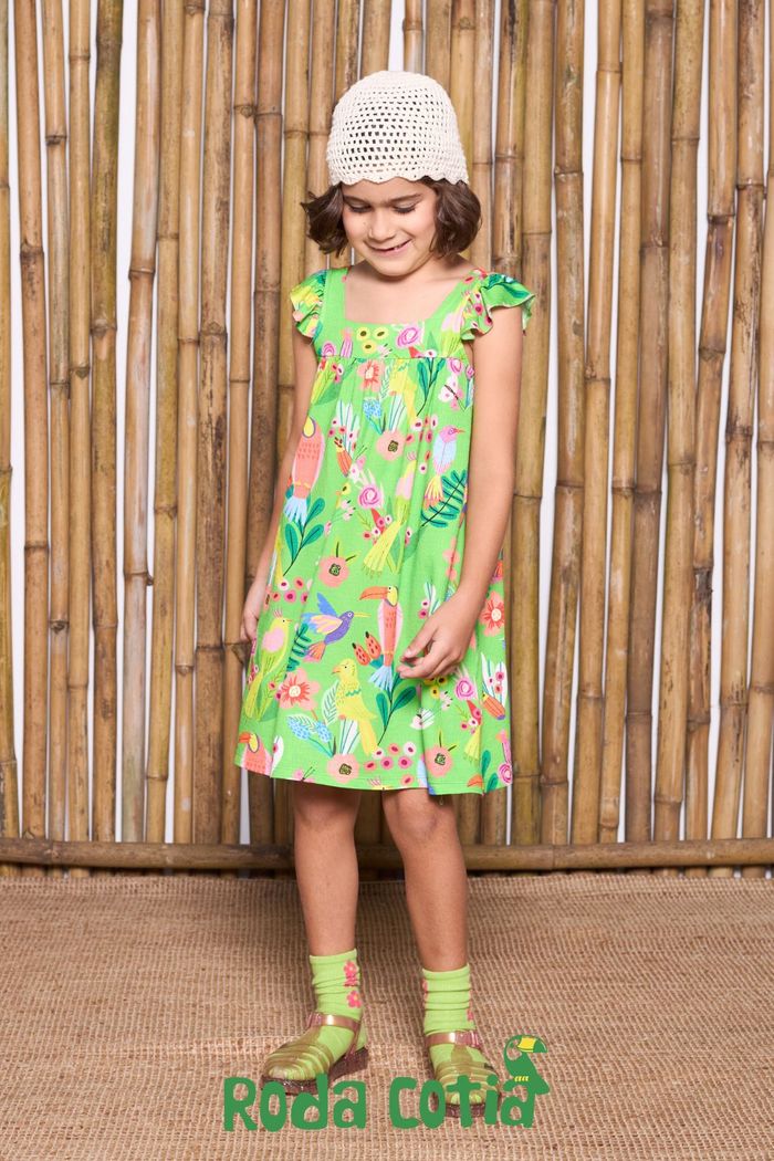 Vestido estampa beija-flores detalhe babados nas alças