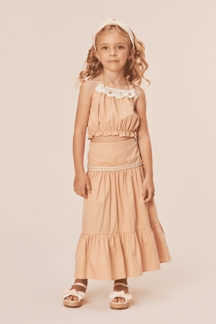 Conjunto top e saia longa de tricoline