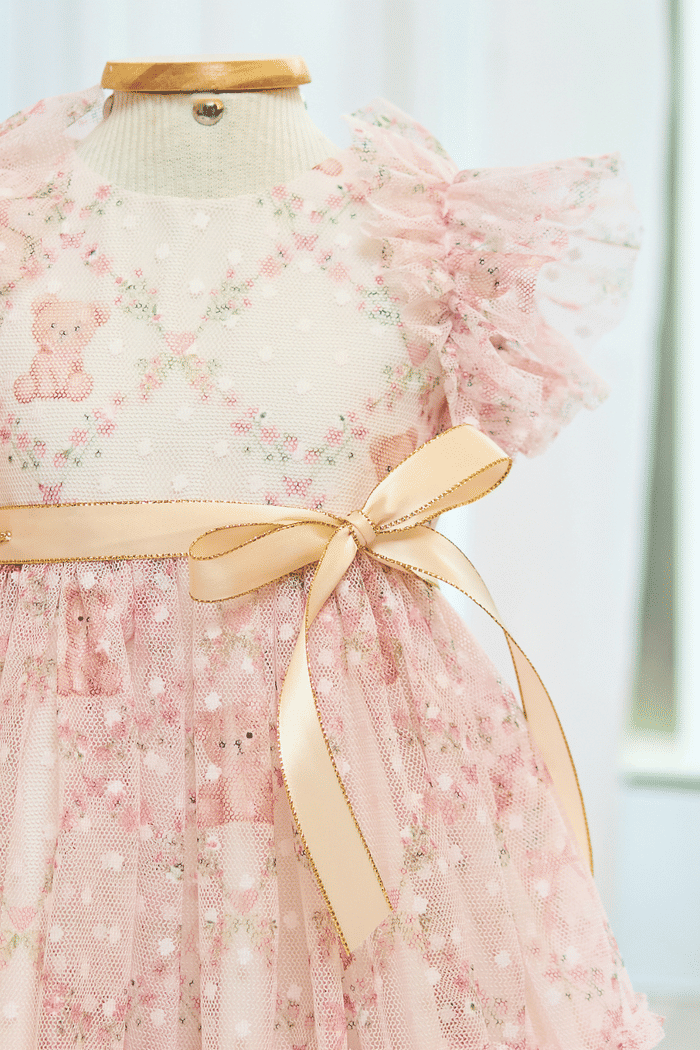 Vestido de tule estampado com laço