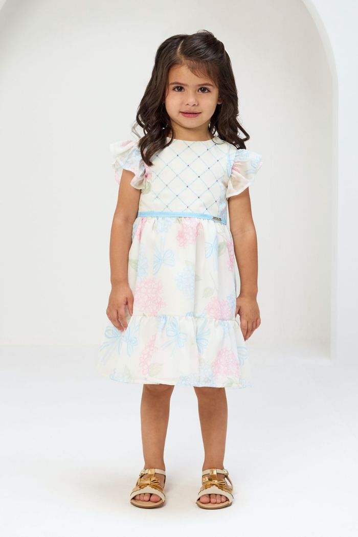 Vestido estampado com detalhe de frente com strass