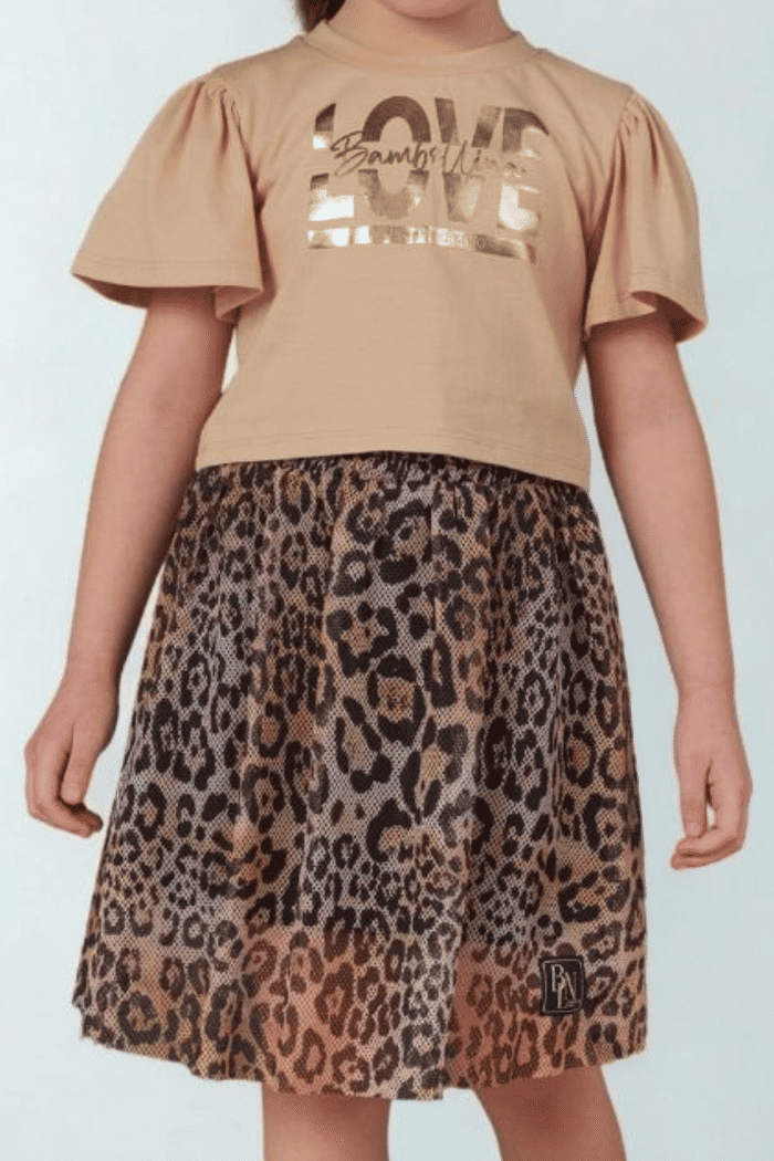 Conjunto blusa com estampa em silk e saia de tela de onça