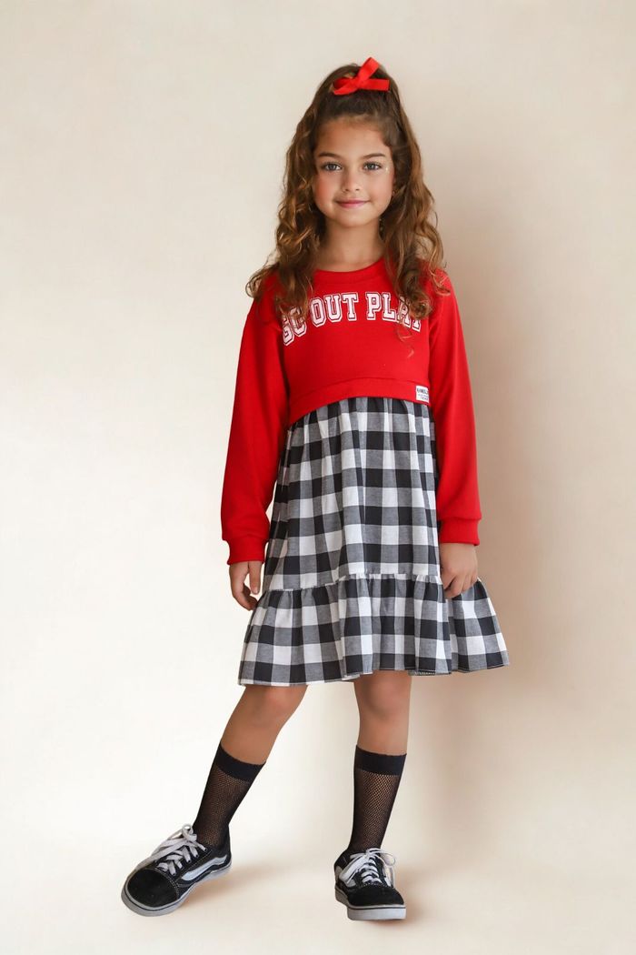 Vestido vermelho com saia xadrez e estampa em silk