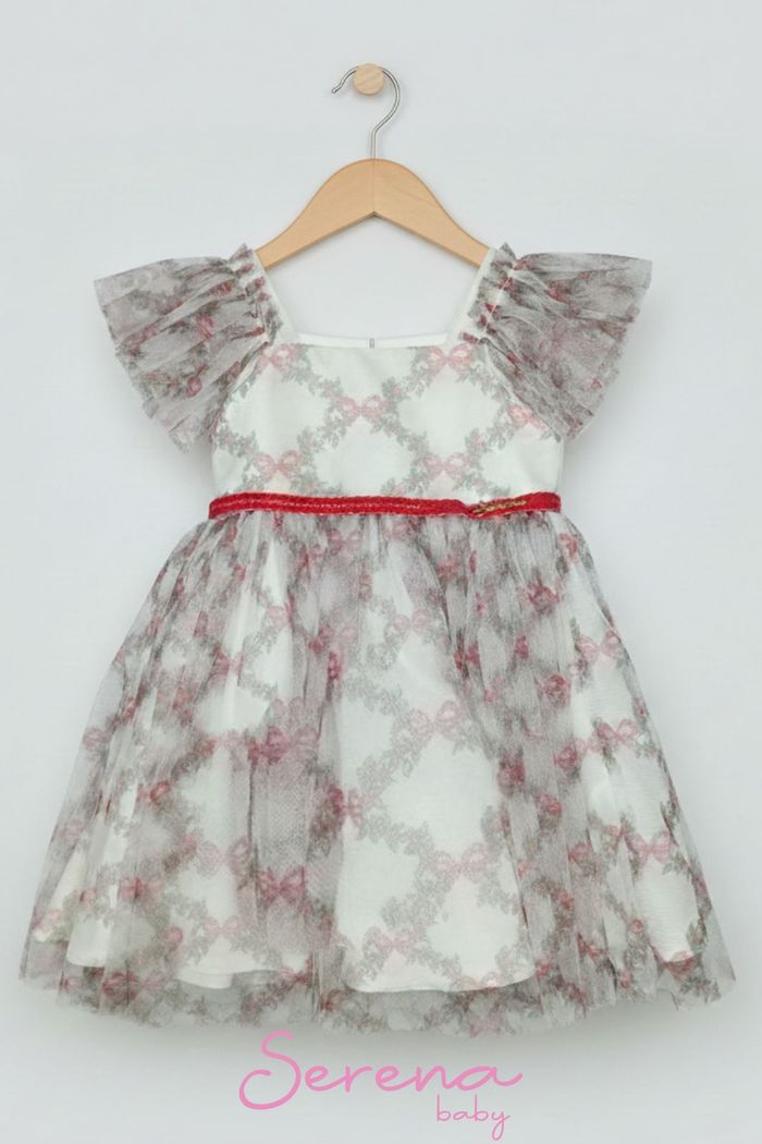 Vestido de tule com estampa de laços e folhas