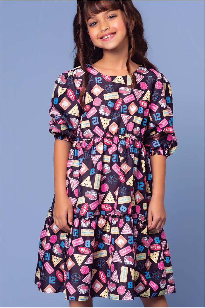 Vestido estampado com mangas três quartos