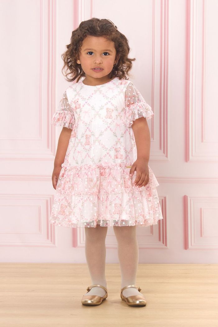 Vestido de tule poa com estampa de urso e laço