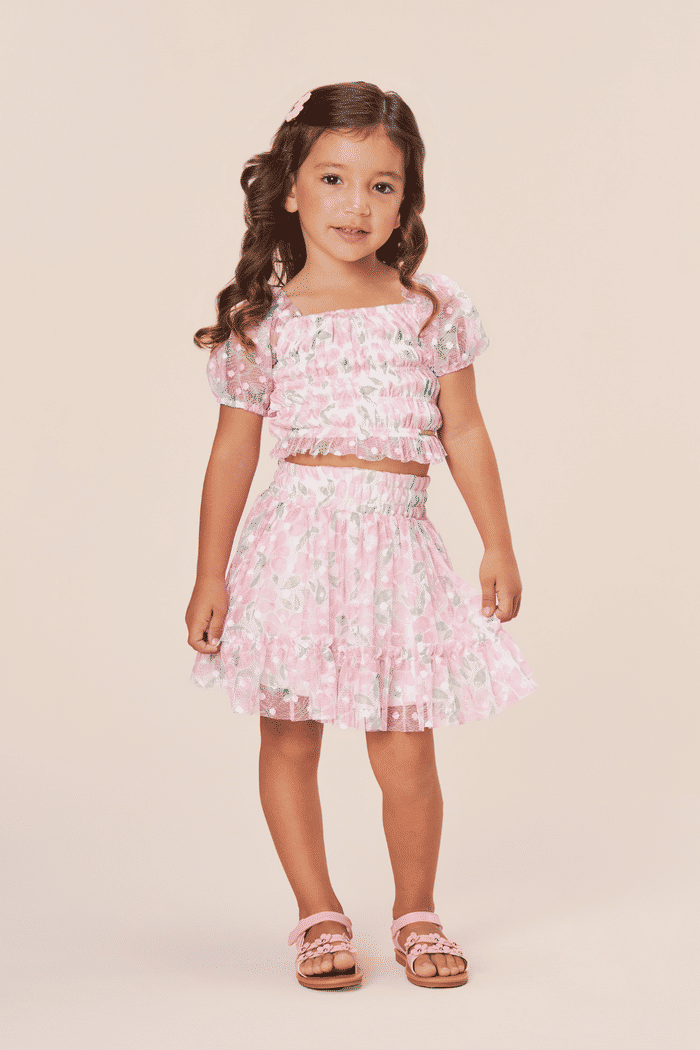 Conjunto blusa e saia de tule julie estampado