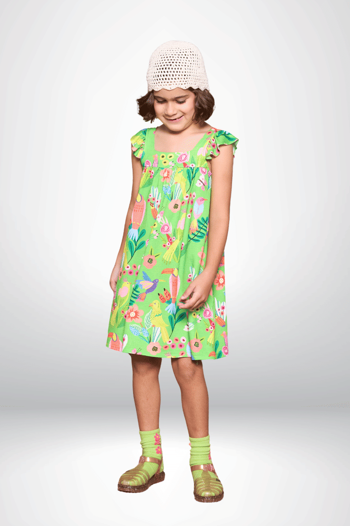 Vestido estampado com babado mas alças