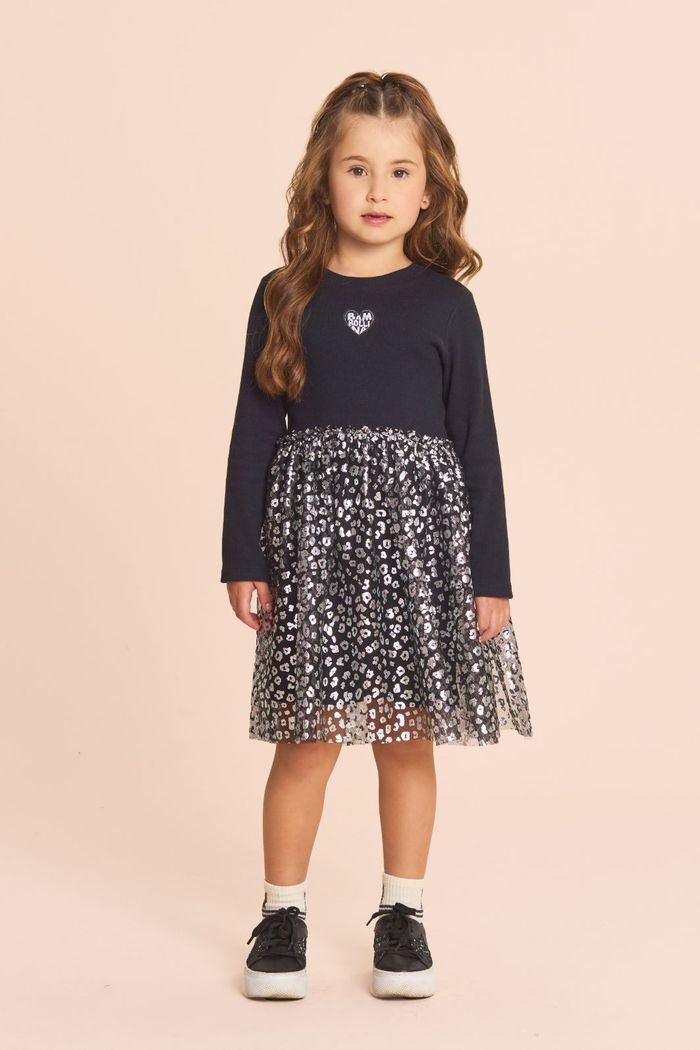 Vestido de ribana c/ tule foil manga longa