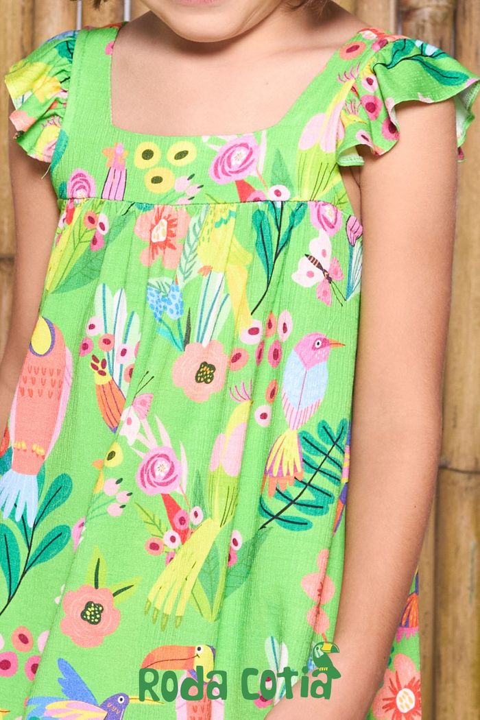 Vestido estampa beija-flores detalhe babados nas alças