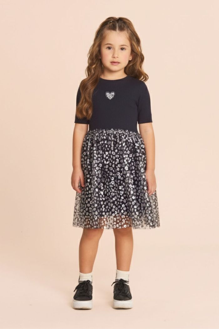 Vestido de ribana c/ tule foil manga curta