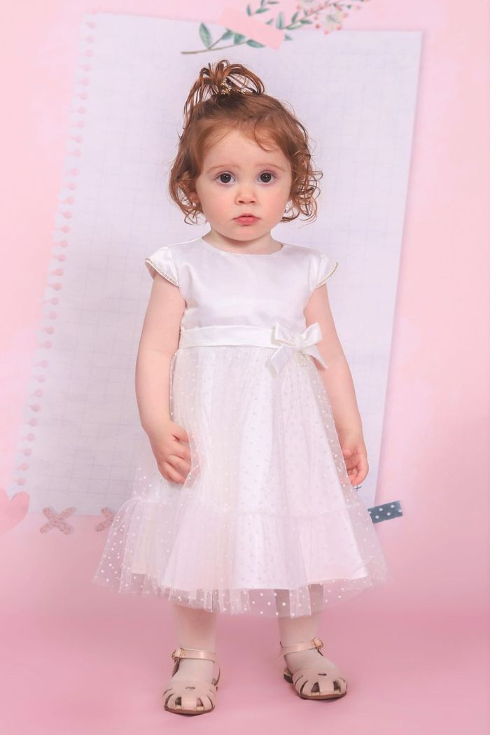 Vestido de cetim bucol com tule poa e laço