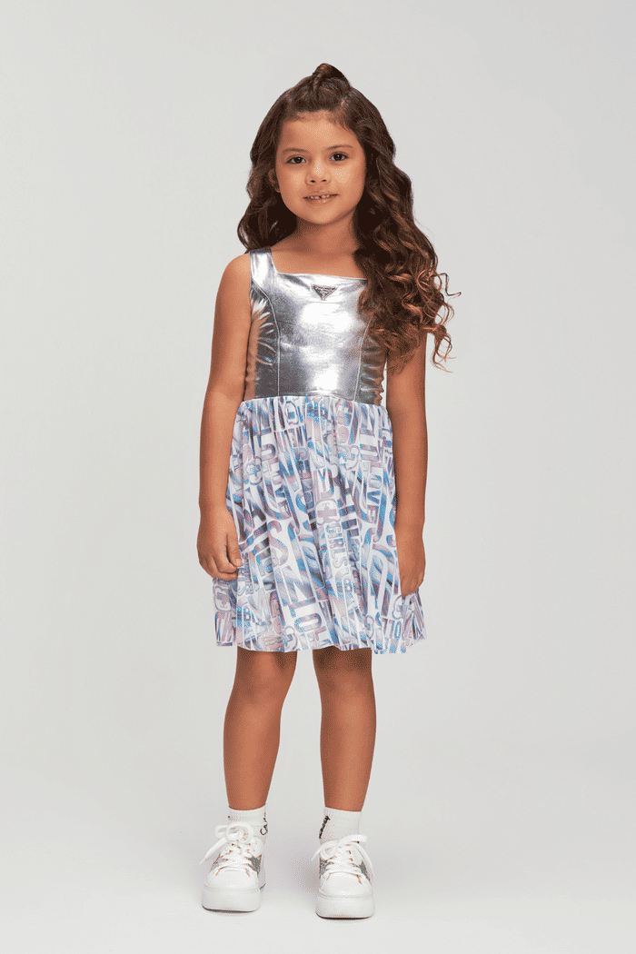 Vestido corpo metalizado e saia estampada