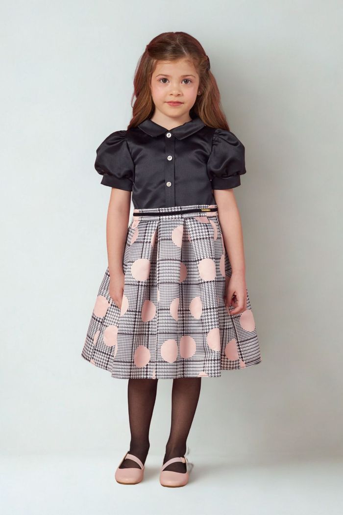 Vestido com estampa de poa e pied poule