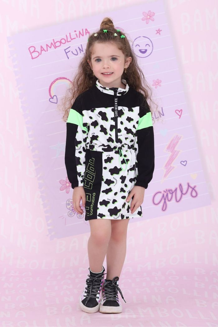 Vestido estampa de vaquinha com manga longa